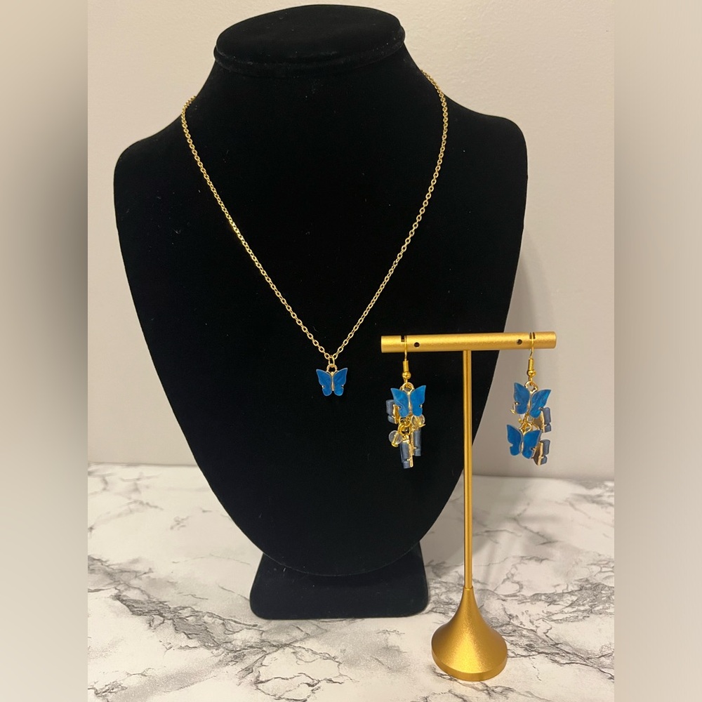 Navy blue butterfly necklace and dangle earring set
